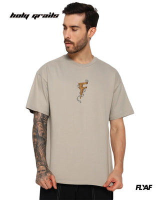 Guy in Street Style 'Sky Born' Beige 240 GSM 100% Cotton Puff Printed Oversize Tee HG x FLYAF - Front
