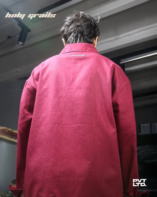 Guy in Street Style 'Sorry Honey' Maroon Red Cotton Linen Printed Boxy Fit Full Sleeve Shirt HG x Pvt Ltd - Back