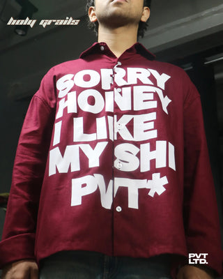 Guy in Street Style 'Sorry Honey' Maroon Red Cotton Linen Printed Boxy Fit Full Sleeve Shirt HG x Pvt Ltd - Front