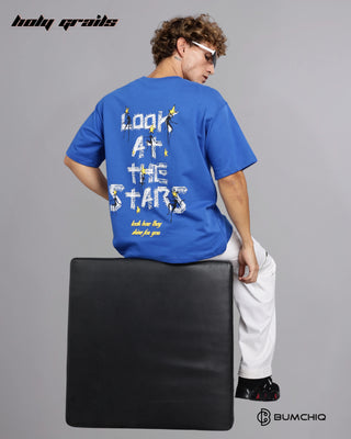 Guy in Street Style 'Star Gaze' Blue 240 GSM 100% Terry Cotton Screen Printed Oversize Graphic Tee HG x Bumchiq - Back Full Sitting