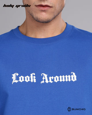 Guy in Street Style 'Star Gaze' Blue 240 GSM 100% Terry Cotton Screen Printed Oversize Graphic Tee HG x Bumchiq - Front Close Up