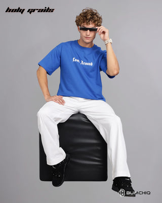 Guy in Street Style 'Star Gaze' Blue 240 GSM 100% Terry Cotton Screen Printed Oversize Graphic Tee HG x Bumchiq - Front Full Sitting