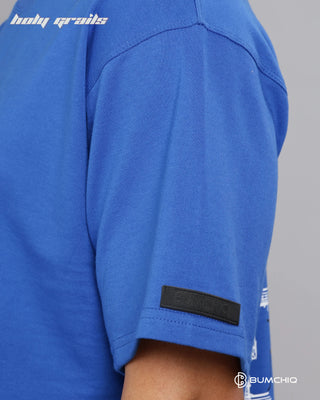 Guy in Street Style 'Star Gaze' Blue 240 GSM 100% Terry Cotton Screen Printed Oversize Graphic Tee HG x Bumchiq - Sleeve Close Up