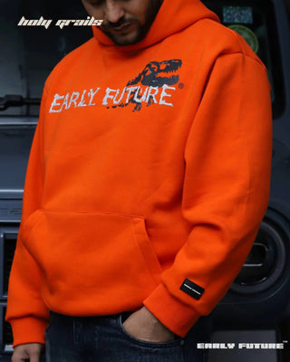 Guy in Street Style 'T-Rex' Mandarin Orange Unisex 360 GSM 100% Cotton Graphic Print Oversize Hoodie HG x Early Future - Front Side Close