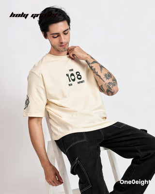 Guy in Street Style 'Tattva' Cream Graphic Printed Oversize Tee HG x One0eight - Front