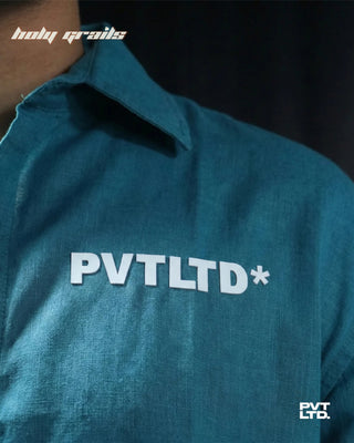 Guy in Street Style 'Teal Green' 80% Cotton 20% Linen Blend Printed Solid Shirt HG x Pvt Ltd - Front Print Close Up