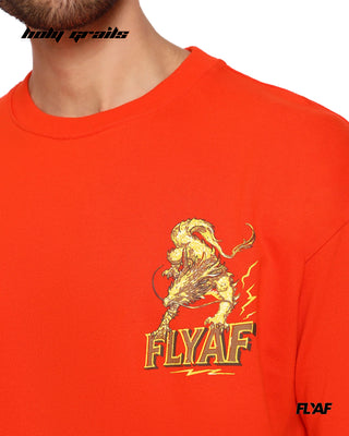 Guy in Street Style 'The Ember Beast' Orange 240 GSM 100% Cotton Puff Printed Oversize Tee HG x FLYAF - Front Print Close Up