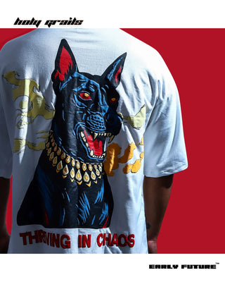 Guy in Street Style 'Thriving in Chaos' Ghost White 240 GSM 100% Terry Cotton Puff Printed Oversize T-Shirt - Back