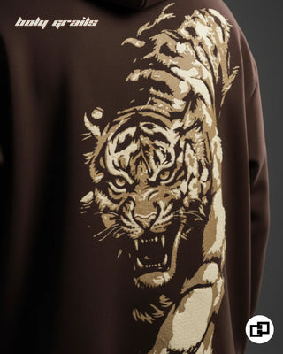 Street Style 'Tiger Claw' Brown 400 GSM 100% Cotton Screen & Puff Printed Oversize Hoodie HG x Grey Hound - Back Print Close Up
