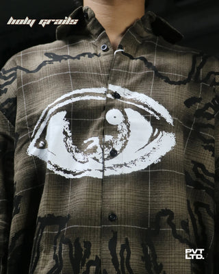 Guy in Street Style 'Trinetra Flannel II' Brown Flannel Relaxed Fit Motif Printed Shirt HG x Pvt Ltd - Front Print Close Up