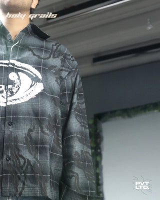 Guy in Street Style 'Trinetra Flannel I' Black Unisex Flannel Motif Printed Relaxed Fit Shirt HG x Pvt Ltd - Front Left Close