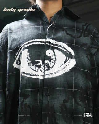 Guy in Street Style 'Trinetra Flannel I' Black Unisex Flannel Motif Printed Relaxed Fit Shirt HG x Pvt Ltd - Front Print Close Up