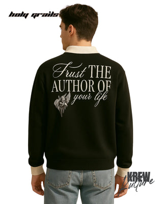 Guy in Street Style 'Trust the Author of Life' Black 280 GSM French Terry Cotton Screen Printed Full Sleeve Polo T-Shirt HG x Krewe Kulturr - Back