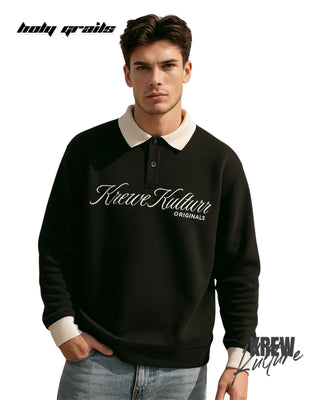 Guy in Street Style 'Trust the Author of Life' Black 280 GSM French Terry Cotton Screen Printed Full Sleeve Polo T-Shirt HG x Krewe Kulturr - Front