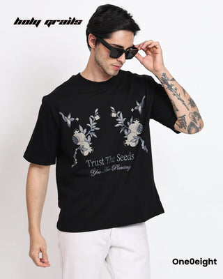 Guy in Street Style 'Trust the Seeds' Black 240 GSM French Terry Cotton Screen & Puff Printed Oversize Tee HG x One0eight - Front