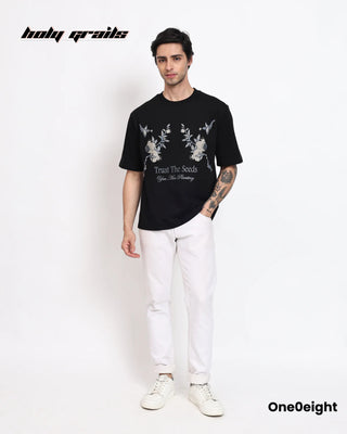 Guy in Street Style 'Trust the Seeds' Black 240 GSM French Terry Cotton Screen & Puff Printed Oversize Tee HG x One0eight - Front Full