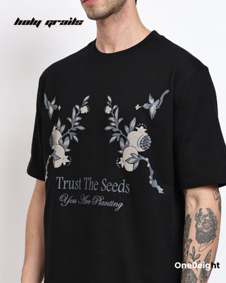 Guy in Street Style 'Trust the Seeds' Black 240 GSM French Terry Cotton Screen & Puff Printed Oversize Tee HG x One0eight - Front Side Close