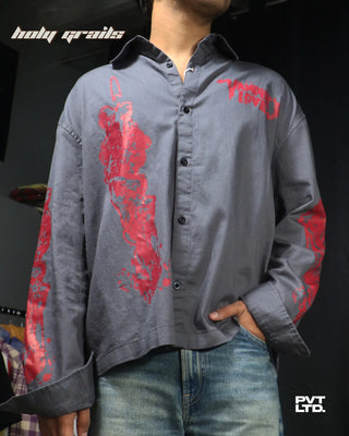 Guy in Street Style 'Vampire's Love' Washed Charcoal Grey Cotton with Red Distressed Print Shirt HG x Pvt Ltd - Front