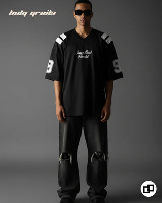 Guy in Street Style 'Varsity' Black 240 GSM 100% Cotton Puff Printed Oversize T-Shirt HG x Grey Hound - Front Full