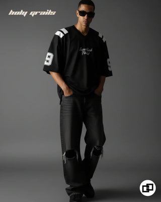 Guy in Street Style 'Varsity' Black 240 GSM 100% Cotton Puff Printed Oversize T-Shirt HG x Grey Hound - Front Side Full