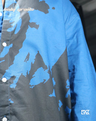 Guy in Street Style 'Varuna' Blue Unisex Polycotton Abstract Printed Relaxed Fit Shirt HG x Pvt Ltd - Front Print Close Up