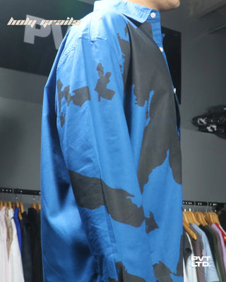 Guy in Street Style 'Varuna' Blue Unisex Polycotton Abstract Printed Relaxed Fit Shirt HG x Pvt Ltd - Side Close