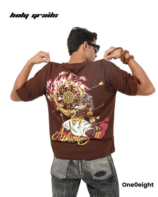 Guy Standing in Street Style 'Veer Abhimanyu The Legacy of Valor' Brown 240 GSM French Terry Cotton Gold Wash Oversize Tee - Back
