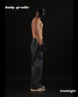 Guy in Street Style 'Washed Havoc' Utility Denim Grey Baggy Cargo Pants HG x One0eight - Side 1