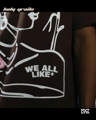 Guy in Street Style 'We All Like Girls' Brown 260 GSM Cotton Oversize Tee HG x Pvt Ltd - Front Print Close Up