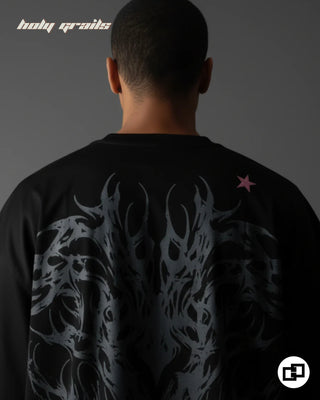 Guy in Street Style 'Weave of Wraith' Black 240 GSM 100% Cotton Screen Printed Oversize Tee HG x Grey Hound - Back Close Up