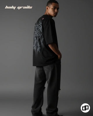 Guy in Street Style 'Weave of Wraith' Black 240 GSM 100% Cotton Screen Printed Oversize Tee HG x Grey Hound - Back Side Full