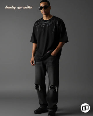 Guy in Street Style 'Weave of Wraith' Black 240 GSM 100% Cotton Screen Printed Oversize Tee HG x Grey Hound - Front Full