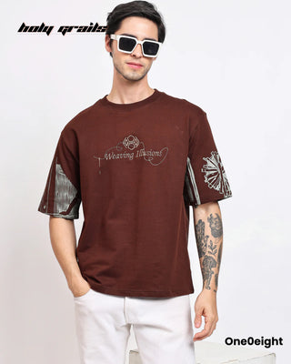 Guy in Street Style 'Weaving Illusions' Brown Printed Oversize Tee HG x One0eight - Front