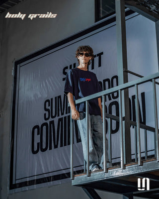 Guy in Street Style 'Webbed Up' Navy Blue 240 GSM French Terry Lycra Graphic Printed Oversize Fit Tee HG x Sullitt - Front Full