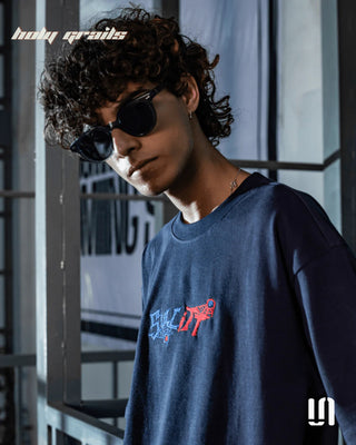 Guy in Street Style 'Webbed Up' Navy Blue 240 GSM French Terry Lycra Graphic Printed Oversize Fit Tee HG x Sullitt - Front Side Close