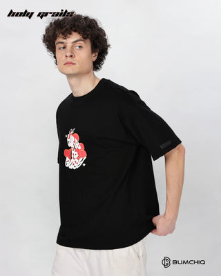 Guy in Street Style 'What If' Black 240 GSM 100% Terry Cotton Screen Printed Oversize Graphic Tee HG x Bumchiq - Side 1
