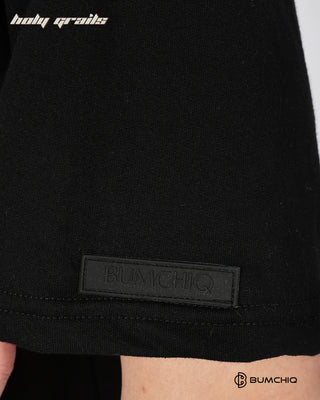 Guy in Street Style 'What If' Black 240 GSM 100% Terry Cotton Screen Printed Oversize Graphic Tee HG x Bumchiq - Sleeve Close Up