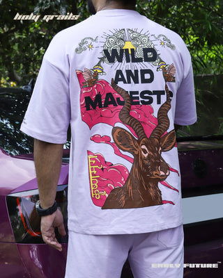 Guy in Street Style 'Wild And Majestic' Cosmic Lilac Purple 240 GSM 100% Terry Cotton Puff Print Oversize Tee - Back