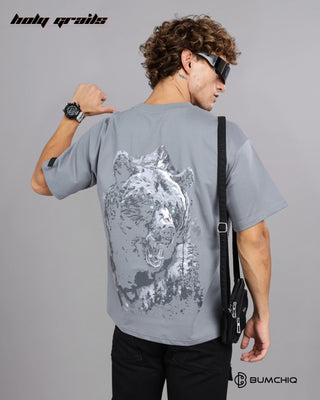 Guy in Street Style 'Wild Bear' Grey 240 GSM 100% Terry Cotton Screen Printed Oversize Graphic Tee HG x Bumchiq - Back Close