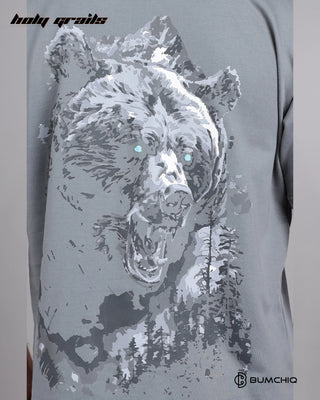 Guy in Street Style 'Wild Bear' Grey 240 GSM 100% Terry Cotton Screen Printed Oversize Graphic Tee HG x Bumchiq - Back Print Close Up