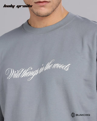 Guy in Street Style 'Wild Bear' Grey 240 GSM 100% Terry Cotton Screen Printed Oversize Graphic Tee HG x Bumchiq - Front Close Up
