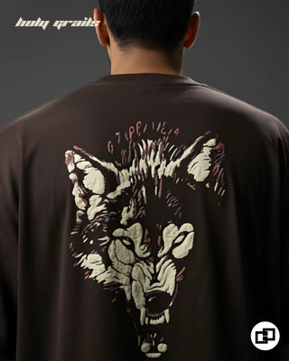 Guy in Street Style 'Wolf' Brown 240 GSM 100% Cotton Graphic Printed Oversize T-Shirt HG x Grey Hound - Back Close