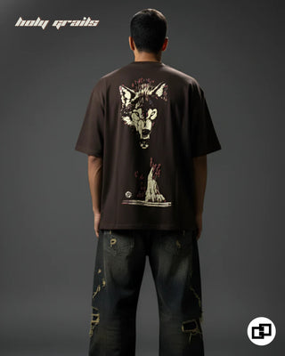 Guy in Street Style 'Wolf' Brown 240 GSM 100% Cotton Graphic Printed Oversize T-Shirt HG x Grey Hound - Back Full