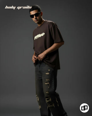 Guy in Street Style 'Wolf' Brown 240 GSM 100% Cotton Graphic Printed Oversize T-Shirt HG x Grey Hound - Front Side Full