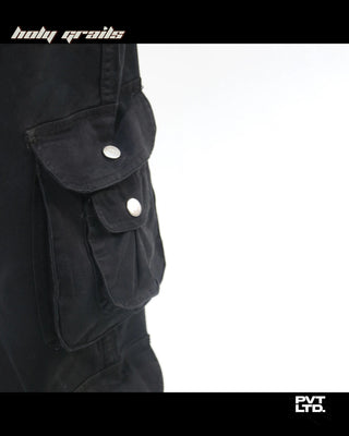Guy in Street style 'Classic Black' 300 GSM cotton baggy cargo pants HG x Pvt Ltd - Front Pocket Close Up