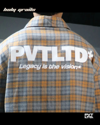 Guy in Street style 'Ember Rust' orange & grey check cotton boxy fit full sleeve Shirt HG x Pvt Ltd - Back Print Close Up