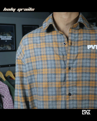 Guy in Street style 'Ember Rust' orange & grey check cotton boxy fit full sleeve Shirt HG x Pvt Ltd - Front Close