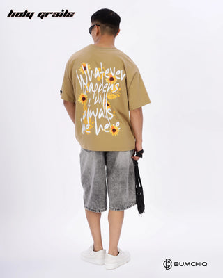 Guy in Streetwear Style 'Always Here' Beige 240 GSM 100% Terry Cottob Oversize Graphic T-Shirt HG x Bumchiq - Back Full