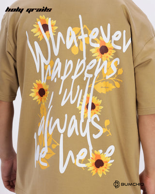 Guy in Streetwear Style 'Always Here' Beige 240 GSM 100% Terry Cottob Oversize Graphic T-Shirt HG x Bumchiq - Back Print Close Up