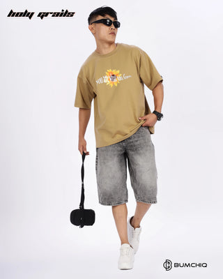 Guy in Streetwear Style 'Always Here' Beige 240 GSM 100% Terry Cottob Oversize Graphic T-Shirt HG x Bumchiq - Front Full